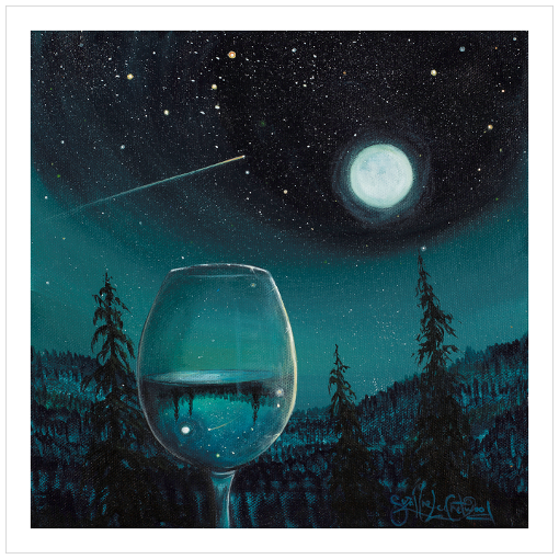 Archival print on matte paper of a contemporary landscape painting of a glass of white wine refracting a moonlit nighttime mountain scene under the stars, comets, and full moon.