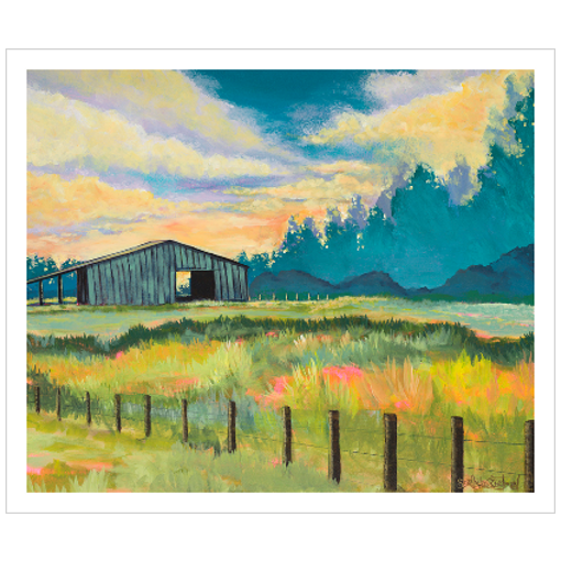 Archival print on matte paper of a contemporary landscape painting of a rustic blue barn in a lush meadow under an illuminated summer sky full of fluffy clouds.