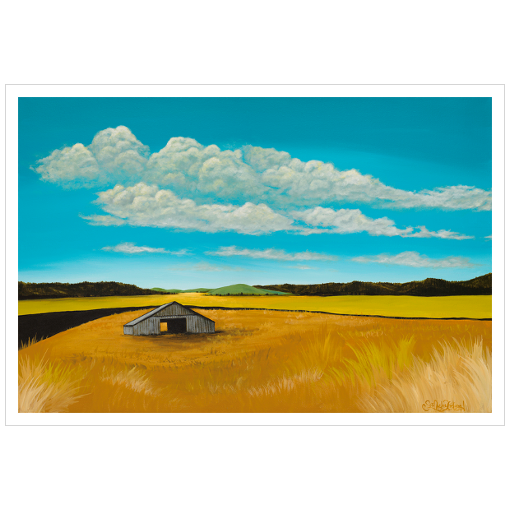 Archival print on matte paper of a contemporary rural landscape painting of a rustic barn sitting in a yellow field with green hills in the distance under a blue sky filled with purple fluffy clouds.