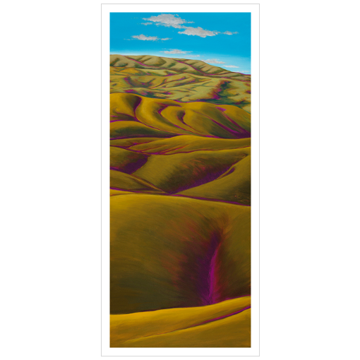 Archival print on matte paper of a contemporary landscape painting of green rolling hills and a distant vivid blue sky.