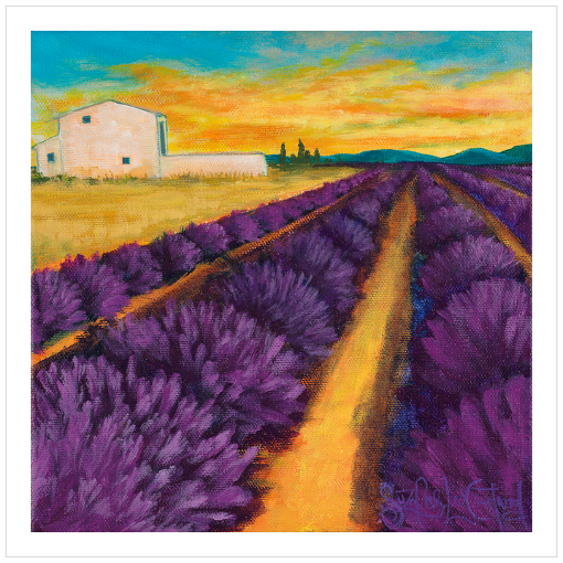 Archival print on matte paper of a contemporary landscape painting of a vibrant purple lavender filed in a rural landscape with a farmhouse sitting in a glowing sunset.