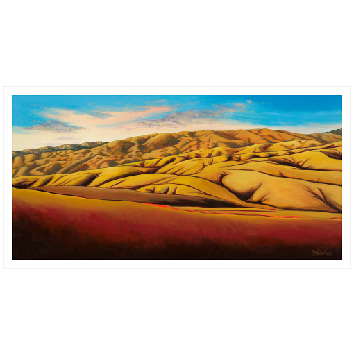 Archival print on matte paper of a contemporary landscape painting of golden rolling foothills under a vivid blue sky.