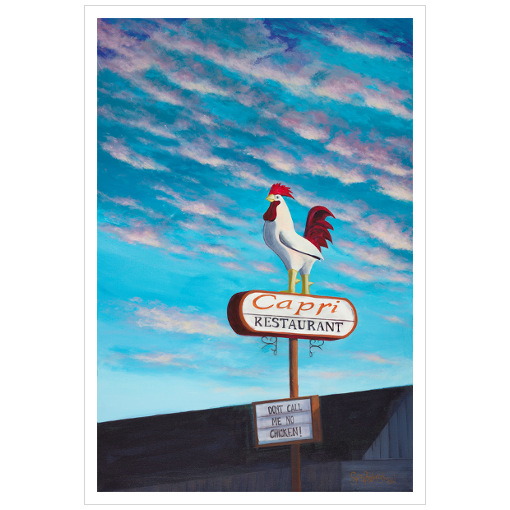 Archival print on matte paper of a painting of the original Jim's Coffee Shop Rooster in its new home atop the Capri Restaurant in Boise, Idaho, with bright blue skies filled with fluffy pink clouds.