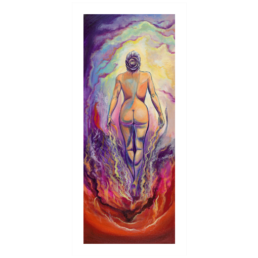 Archival print on matte paper of a painting of a vibrant, colorful female figure coming through a red and purple inferno into a soft glowing sky.
