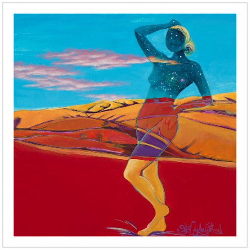 Archival print on matte paper of a painting of a cosmic, ethereal female figure posing in a foothill landscape of reds and oranges under a turquoise blue sky with wispy clouds.