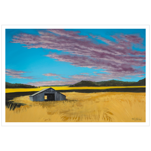 Archival print on matte paper of a contemporary rural landscape painting of a rustic barn sitting in a yellow field with green hills in the distance under a blue sky filled with purple fluffy clouds.