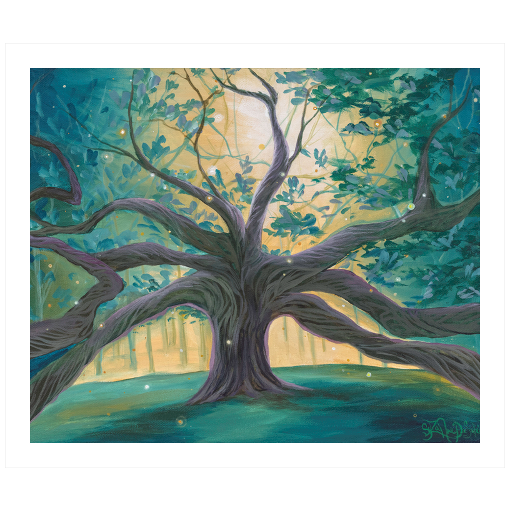 Archival print on matte paper of a painting of a giant tree in the forest, its branches reaching beyond the frame, with a sparkling white gold light emanating from the distance.