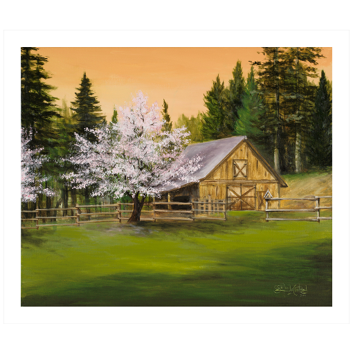 Archival print on matte paper of a painting of a lush green mountain landscape, trees in spring blossom, and a rustic barn surrounded by evergreen pine trees under a soft peach colored sky.