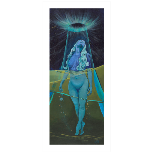 Archival print on matte paper of a painting of an ethereal blue female figure standing in a green landscape surrounded by a cosmic beam of blue light descending from the night sky.