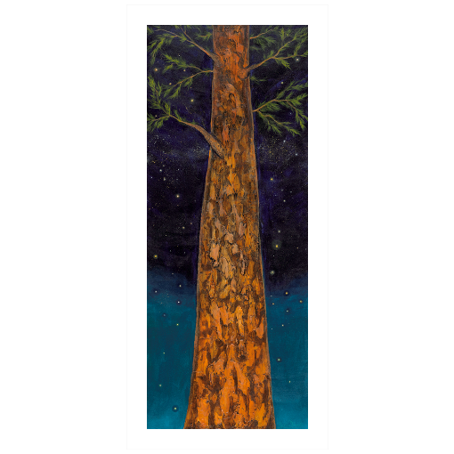 Archival print on matte paper of a painting of a tree trunk reaching to the stars in the night sky.