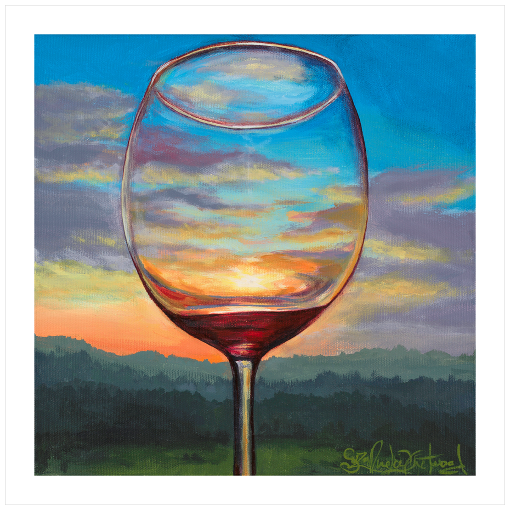 Archival print on matte paper of a contemporary landscape painting of a glass of red wine refracting a colorful sunset over blue mountains.