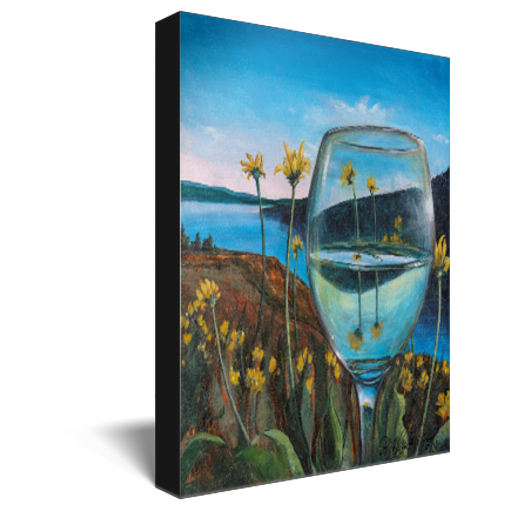Archival print on canvas of a landscape painting with a glass of white wine refracting a background of yellow flowers growing next to a blue lake, under a blue sky.