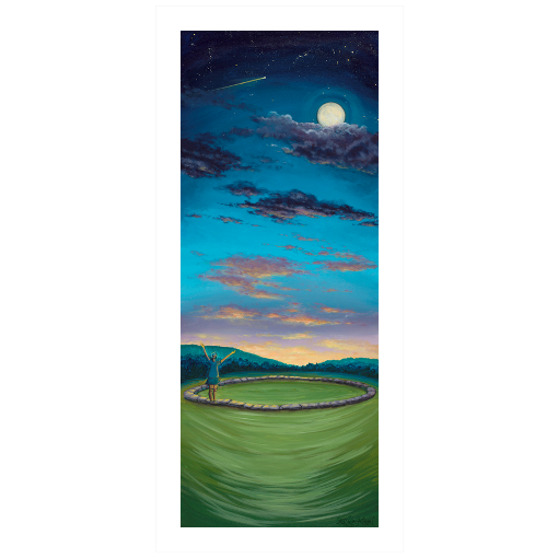 Archival print on matte paper of a contemporary landscape painting of a joyful woman standing in a stone circle in a green field under a cosmic night sky with a full moon and a comet.