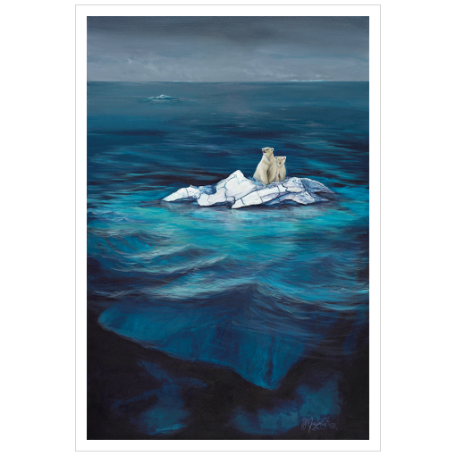 Archival print on matte paper of a painting of two polar bears sitting on the tip of an iceberg, drifting in a blue ocean under grey stormy skies.