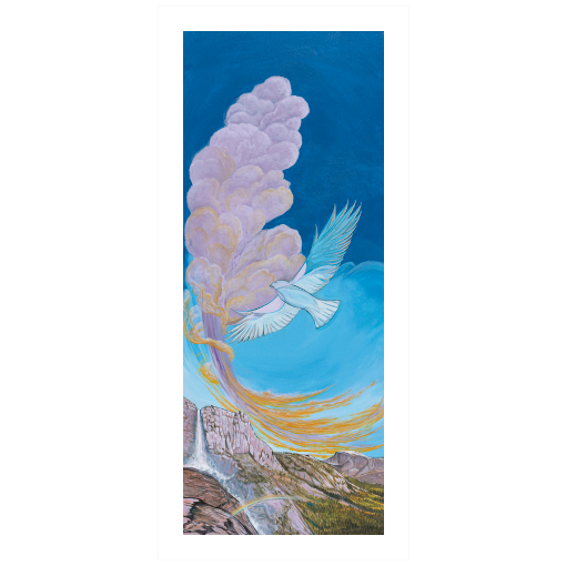 Archival print on matte paper of a contemporary landscape painting of a waterfall over rocky cliffs with rainbows and heavenly clouds behind a soaring white bird.