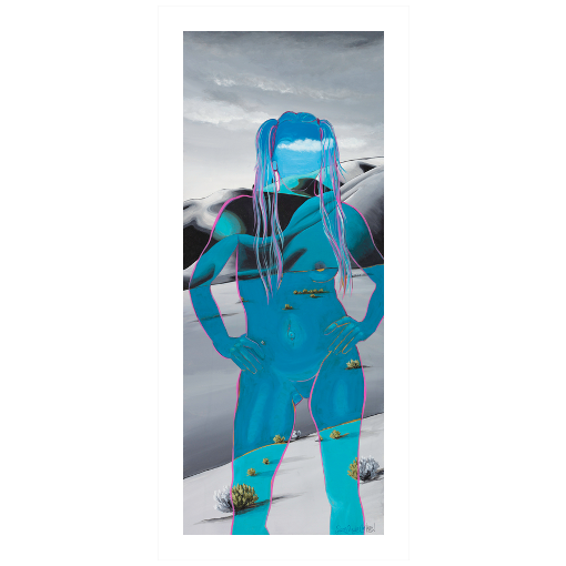 Archival print on matte paper of an ethereal blue impression of a woman in a power stance, overlayed upon grey-toned foothills.