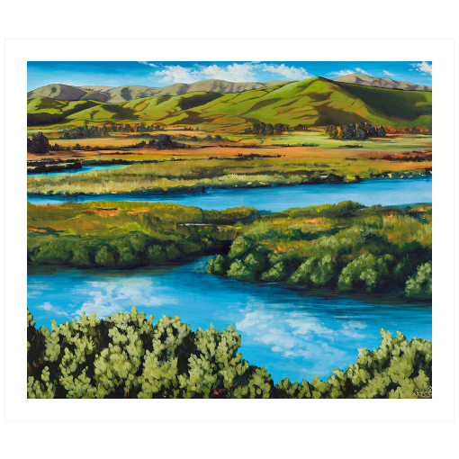 Archival print on matte paper of a reflective blue river flowing through a lush green landscape with green foothills in the distance.