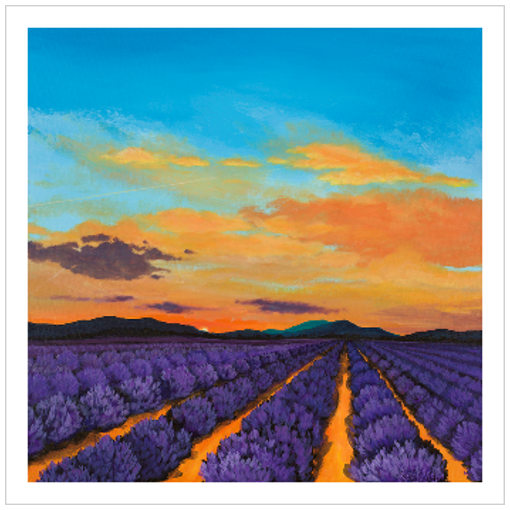 Archival print on canvas of lavender fields, distant mountains, and a vibrant orange and purple sunset.