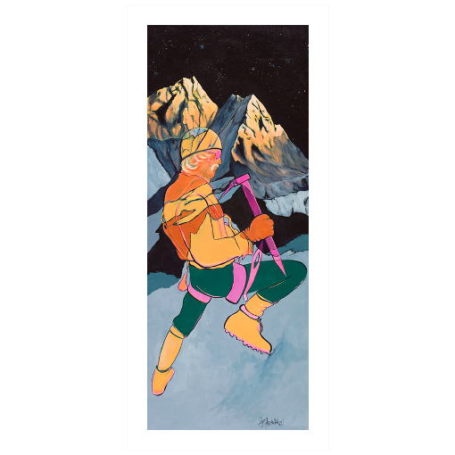 Archival print on matte paper of a colorful, contemporary painting of a mountain climber in a winter mountain landscape.