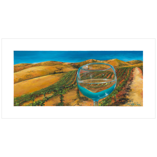 Archival print on matte paper of a contemporary landscape painting of a rolling vineyard under a turquoise sky refracting in a glass of white wine.