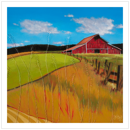 Archival print on matte paper of a red barn in a rural landscape with wheat fields under a blue sky.