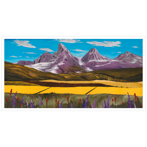 Archival print on matte paper of a contemporary snowy mountain landscape painting with purple and red flowers, green and yellow fields, foothills, and the Teton Mountains under a blue sky.