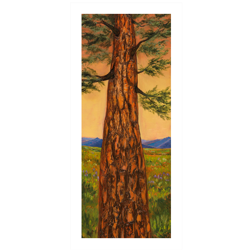 Archival print on matte paper of an evergreen tree standing tall in a green meadow with blue mountains in the distance.