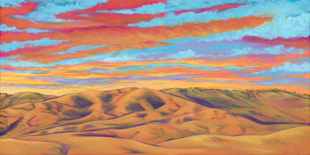 Original contemporary landscape painting of golden rolling hills under a vibrant sun-filled cloudscape.