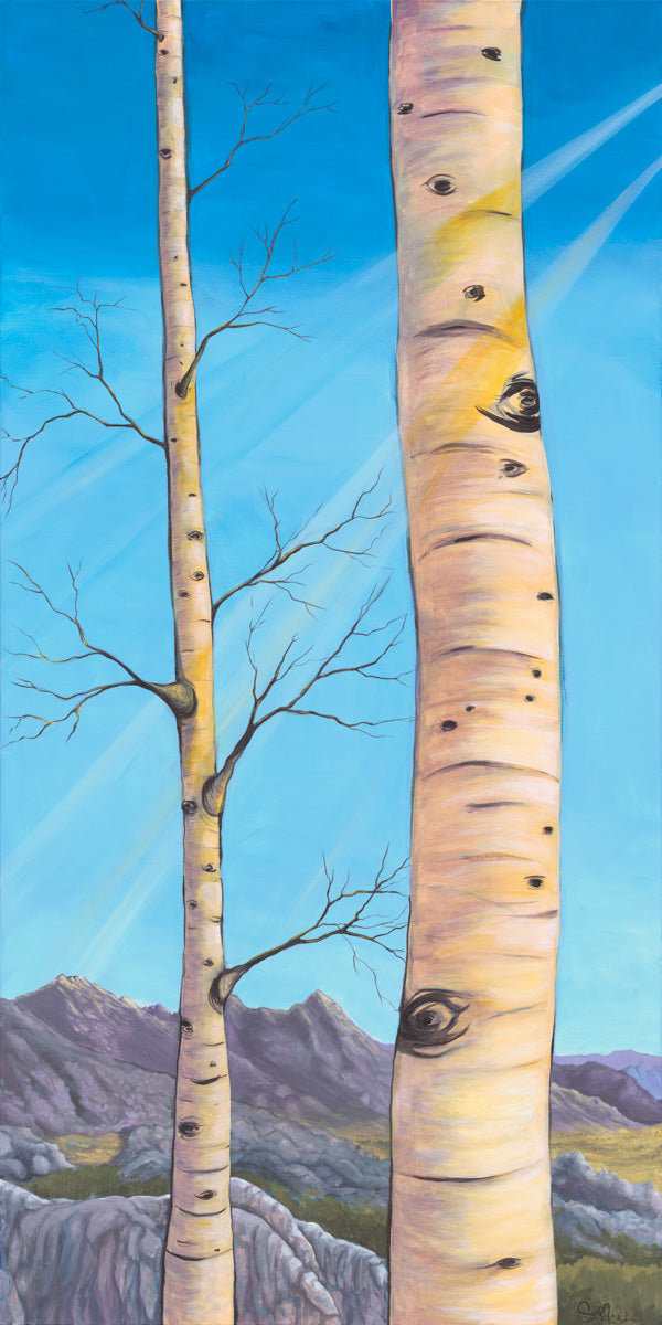 Original painting of winter aspens in a mountain landscape under a shimmering blue sky.