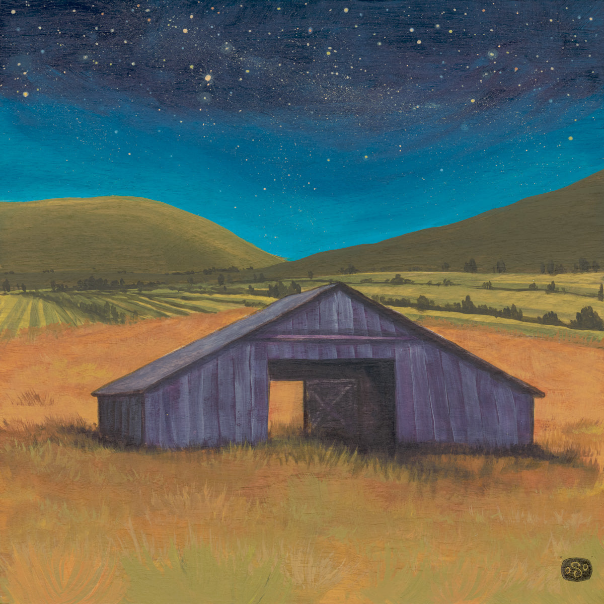 Original painting of a weathered barn in a rural landscape at night under a starry sky.