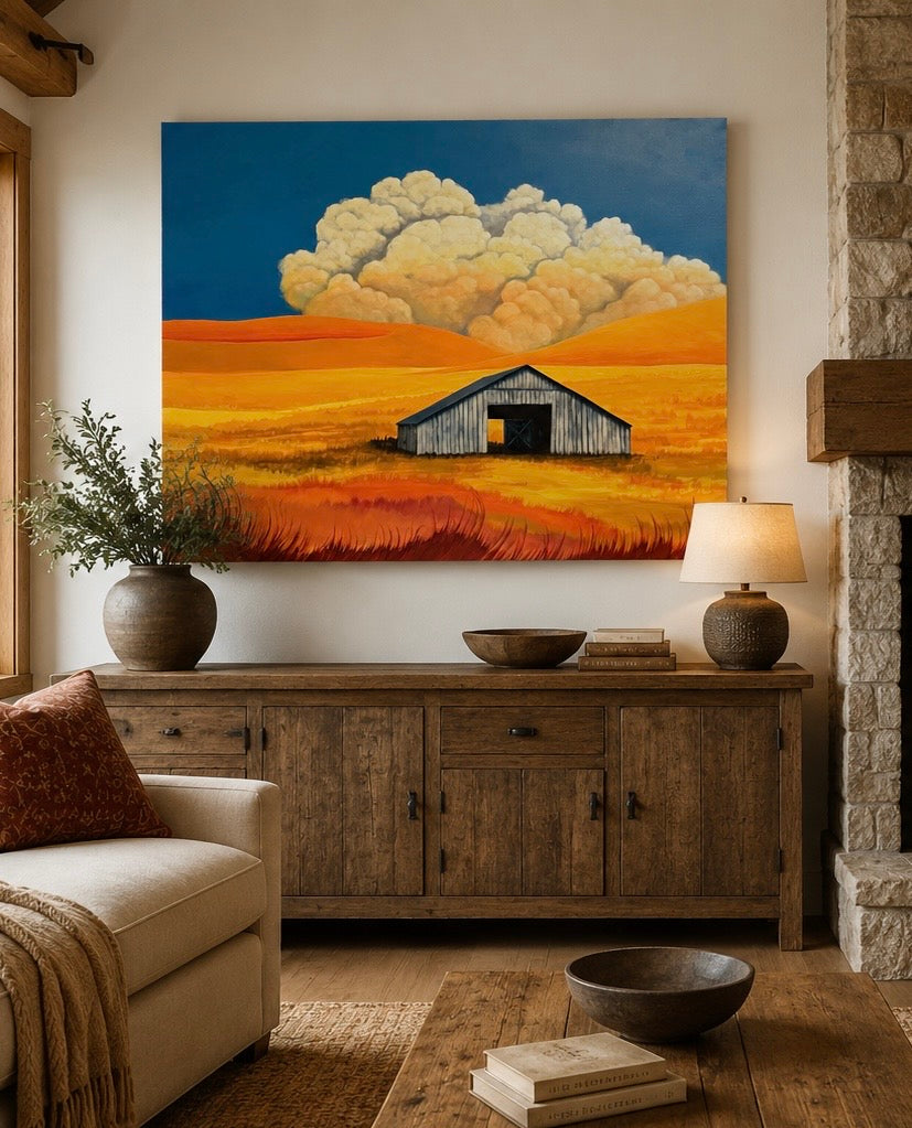 Between Storms and Stillness original western barn painting by Suzanne DeSoleil shown in a warm rustic living room