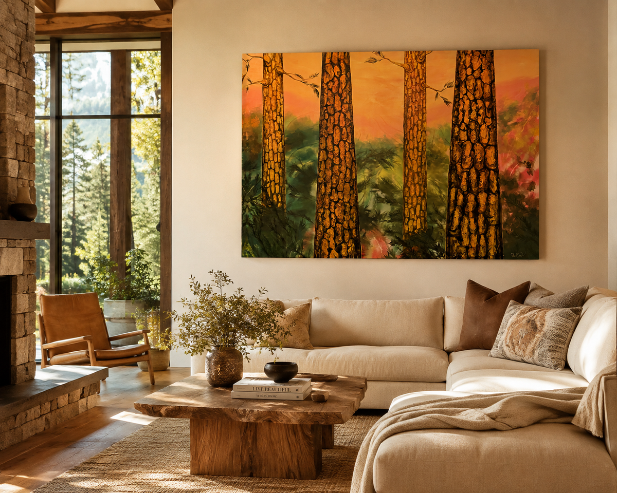 Forest For the Trees original ponderosa pine painting by Suzanne DeSoleil shown in a warm modern living room