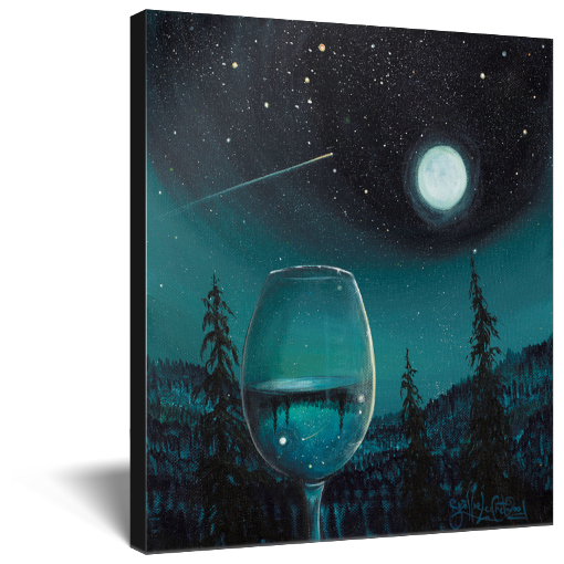 Archival print on canvas of a contemporary landscape painting of a glass of white wine refracting a moonlit nighttime mountain scene under the stars, comets, and full moon. 