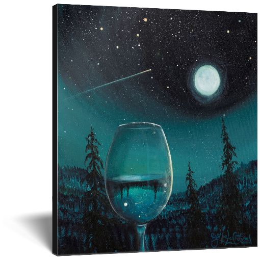 Archival print on canvas of a contemporary landscape painting of a glass of white wine refracting a moonlit nighttime mountain scene under the stars, comets, and full moon. 