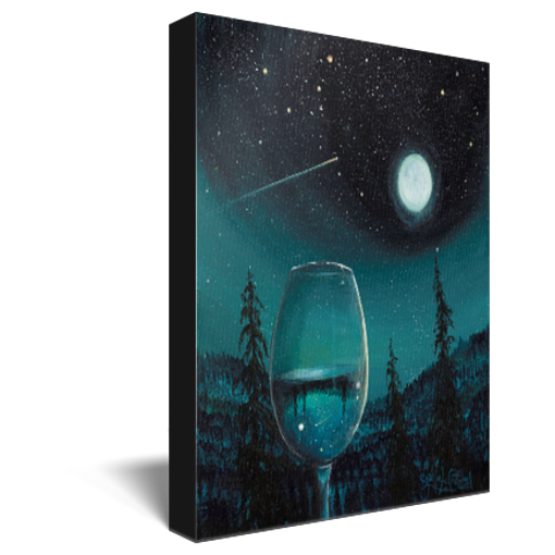 Archival print on canvas of a contemporary landscape painting of a glass of white wine refracting a moonlit nighttime mountain scene under the stars, comets, and full moon. 