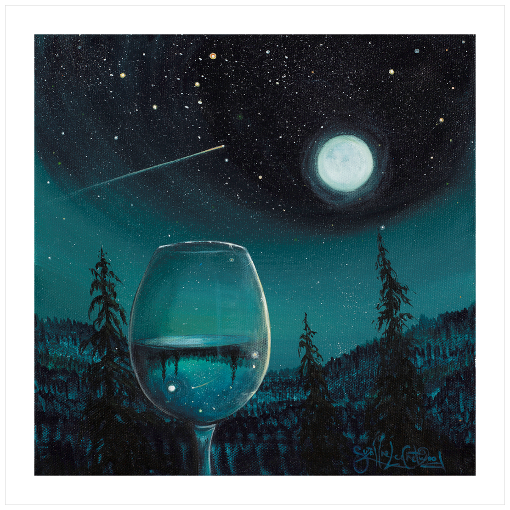 Archival print on matte paper of a contemporary landscape painting of a glass of white wine refracting a moonlit nighttime mountain scene under the stars, comets, and full moon. 