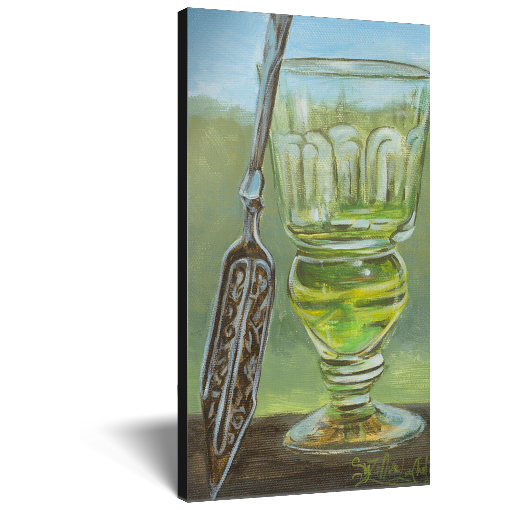 Archival print on canvas of a contemporary painting of a glass of vibrant green absinthe and a silver spoon.