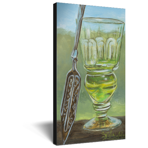 Archival print on canvas of a contemporary painting of a glass of vibrant green absinthe and a silver spoon.