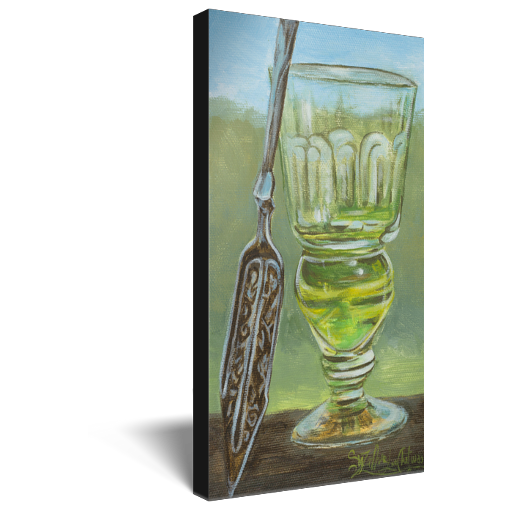 Archival print on canvas of a contemporary painting of a glass of vibrant green absinthe and a silver spoon.
