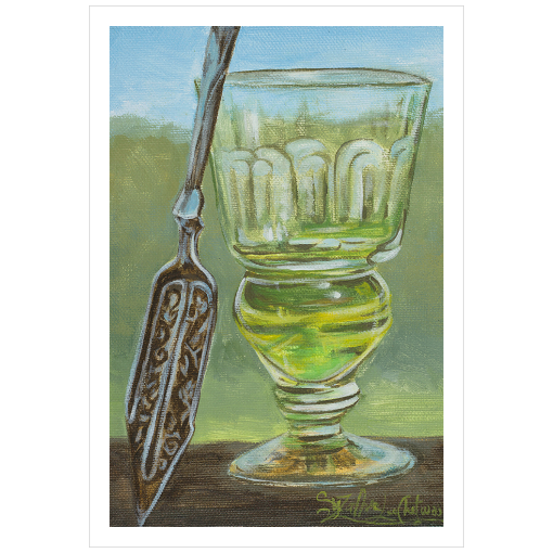 Archival print on matte paper of a contemporary painting of a glass of vibrant green absinthe and a silver spoon.