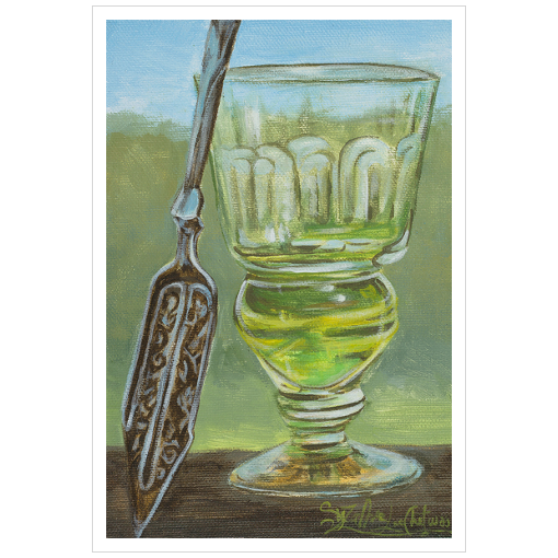 Archival print on matte paper of a contemporary painting of a glass of vibrant green absinthe and a silver spoon.