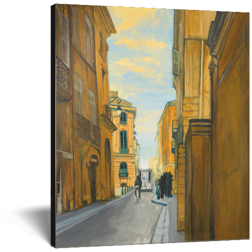 Archival print on canvas of a contemporary city street scene with tall old buildings and a clear blue sky. 