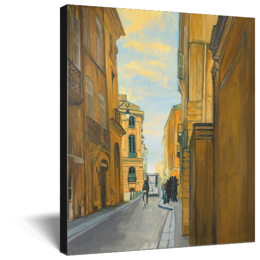 Archival print on canvas of a contemporary city street scene with tall old buildings and a clear blue sky. 