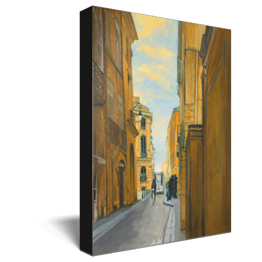 Archival print on canvas of a contemporary city street scene with tall old buildings and a clear blue sky. 