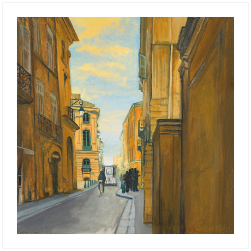 Archival print on matte paper of a contemporary city street scene with tall old buildings and a clear blue sky. 