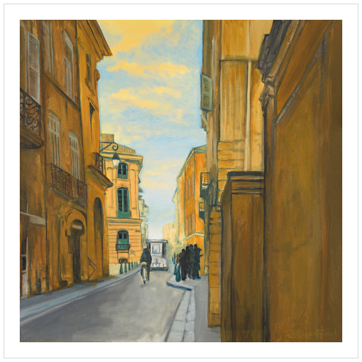 Archival print on matte paper of a contemporary city street scene with tall old buildings and a clear blue sky. 