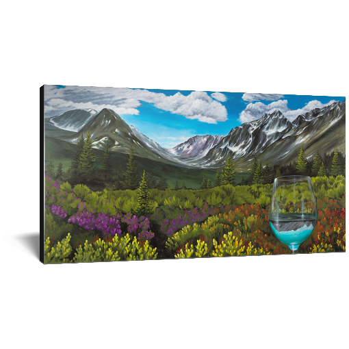 Archival print on canvas of a contemporary snowy Alaskan mountain landscape painting with lush green foliage, red and purple flowers, and a glass of white wine refracting a pretty blue sky. 