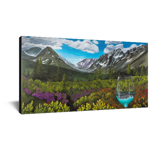 Archival print on canvas of a contemporary snowy Alaskan mountain landscape painting with lush green foliage, red and purple flowers, and a glass of white wine refracting a pretty blue sky. 