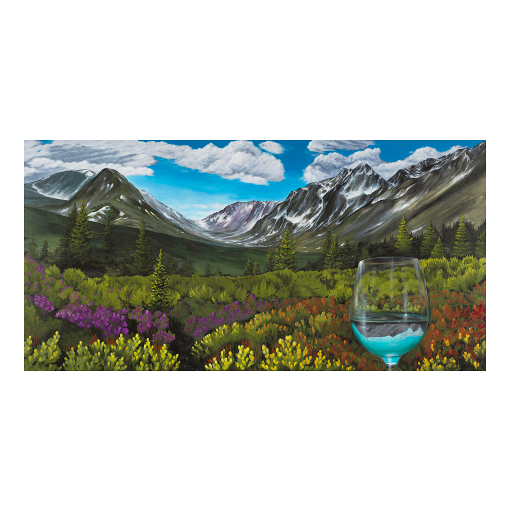 Archival print on matte paper of a contemporary snowy Alaskan mountain landscape painting with lush green foliage, red and purple flowers, and a glass of white wine refracting a pretty blue sky. 