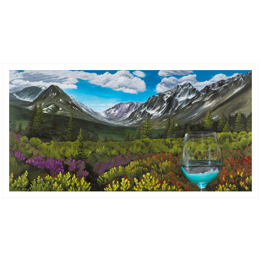 Archival print on matte paper of a contemporary snowy Alaskan mountain landscape painting with lush green foliage, red and purple flowers, and a glass of white wine refracting a pretty blue sky. 